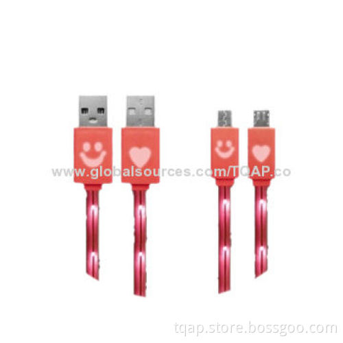 USB Cable with Heart-shaped or Smile Flash LED Light (Single Fiber Wire), 1.0m Length